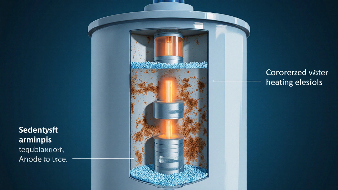 Cross-section of a water heater showing sediment, corroded tank, and failing anode rod.