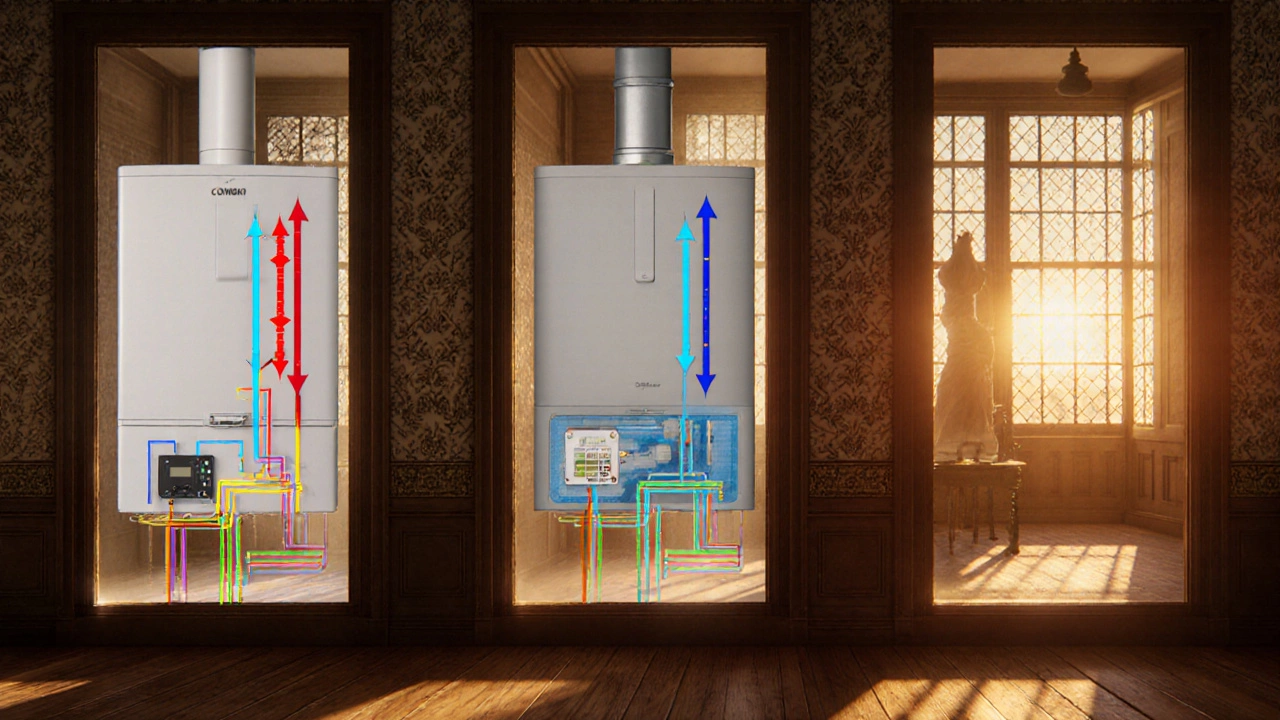 Cutaway comparison of three boiler types in a Victorian home, showing water flow and heat distribution.