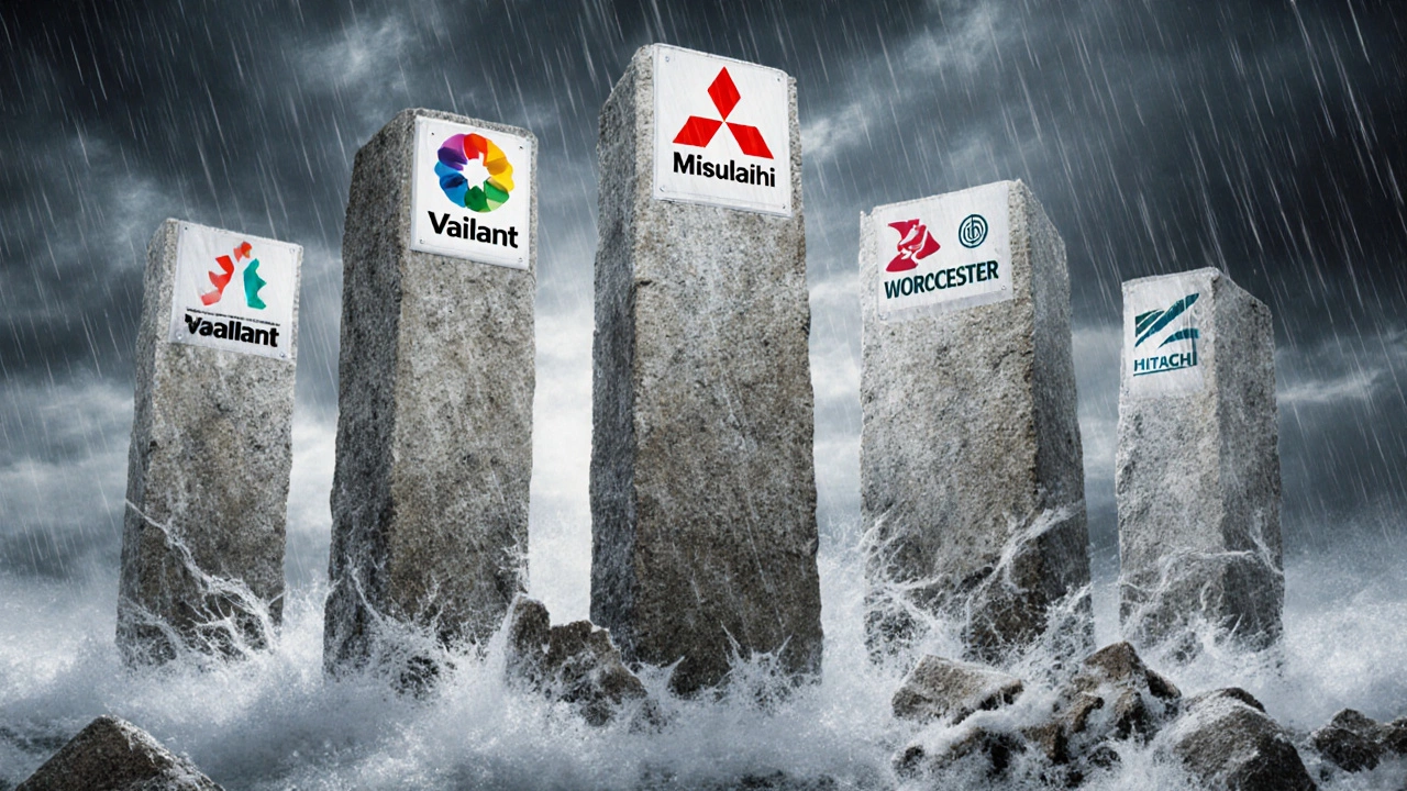 Five durable heat pump brands as stone pillars standing strong against a storm, cheaper brands crumbling.