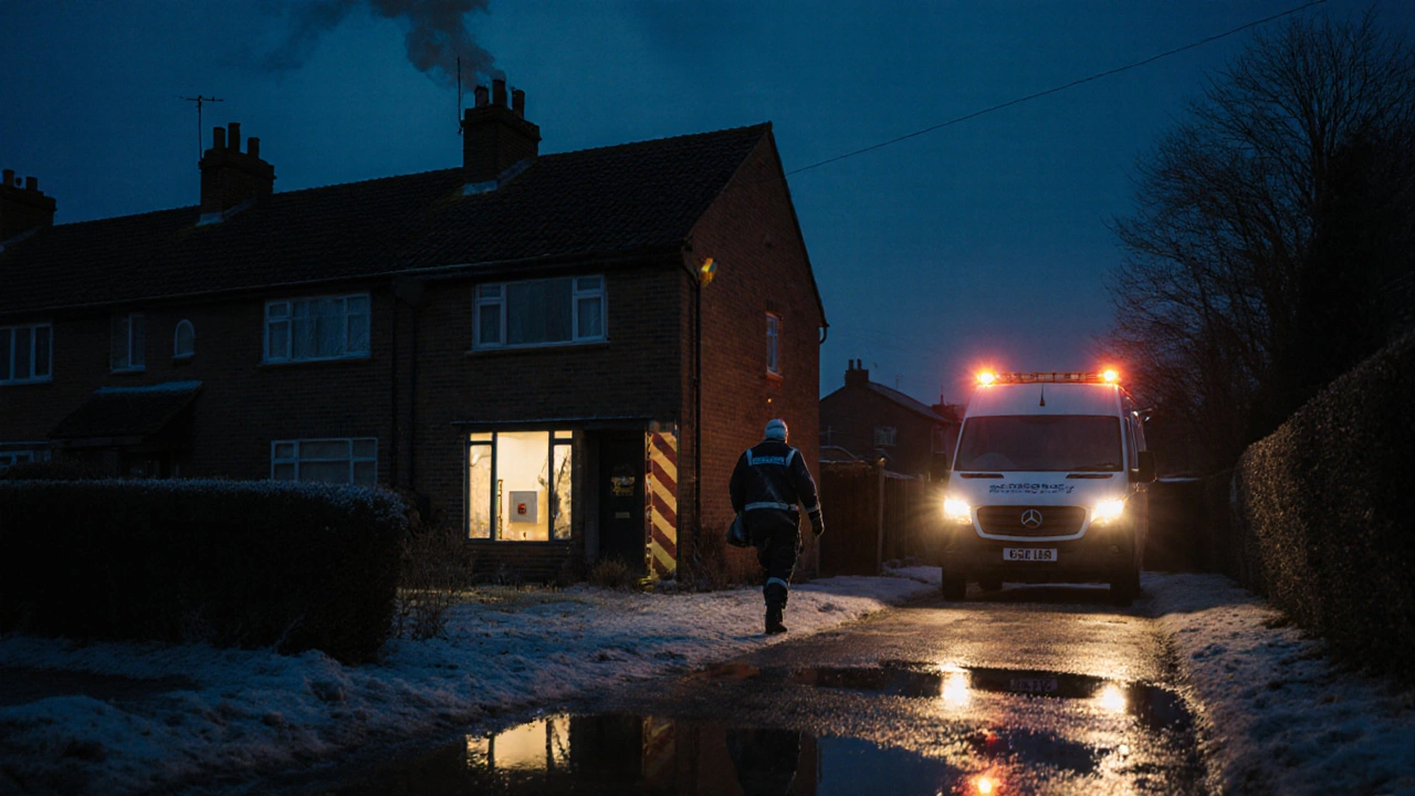 Gas Safe engineer approaching a house at night during winter with boiler glowing inside.
