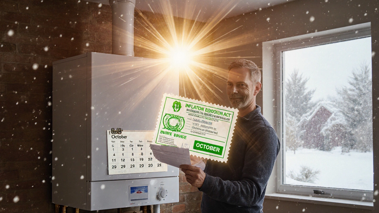 Homeowner holding boiler replacement receipt with green rebate stamp, new boiler beside them, snowstorm outside.