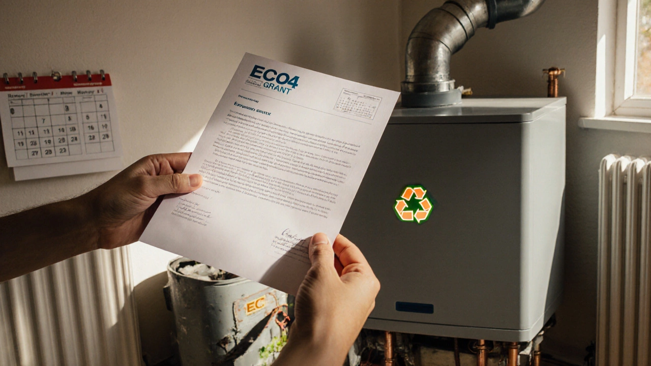 Homeowner holding grant letter next to new boiler, with old unit being recycled in background.