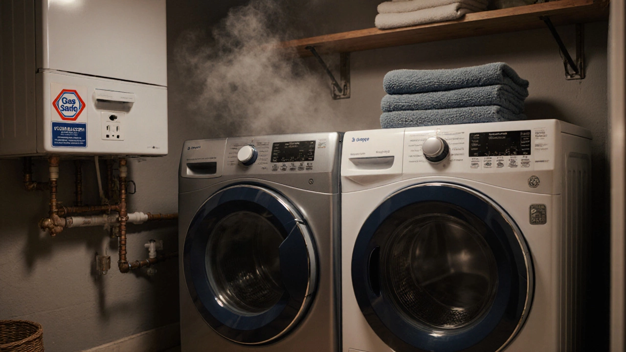 Laundry room with washing machine and dryer connected to plumbing, boiler with Gas Safe sticker nearby