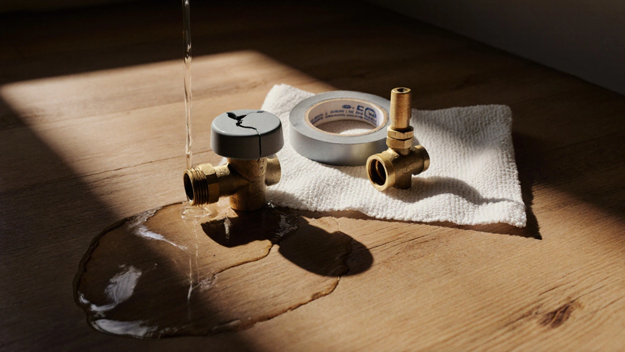 Leaking plastic drain valve with brass replacement and wet towel nearby.