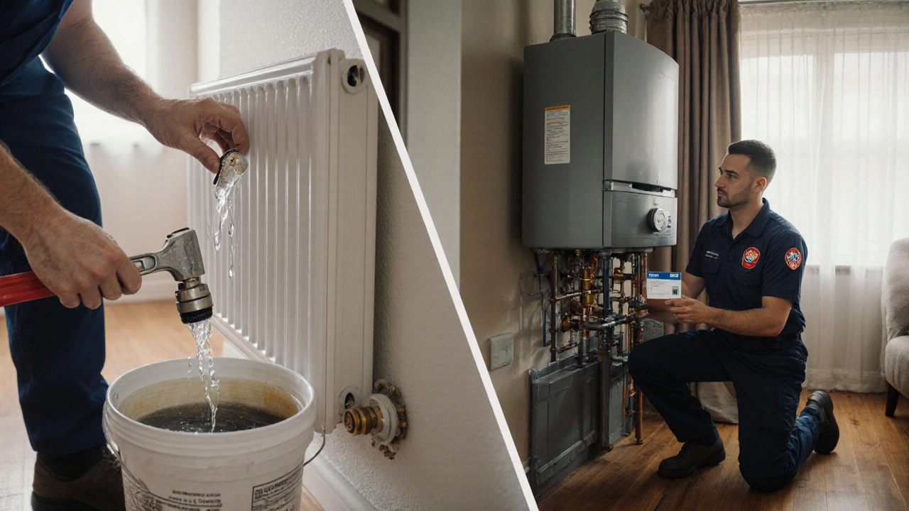 Plumber fixing a radiator leak next to a certified engineer servicing a boiler.