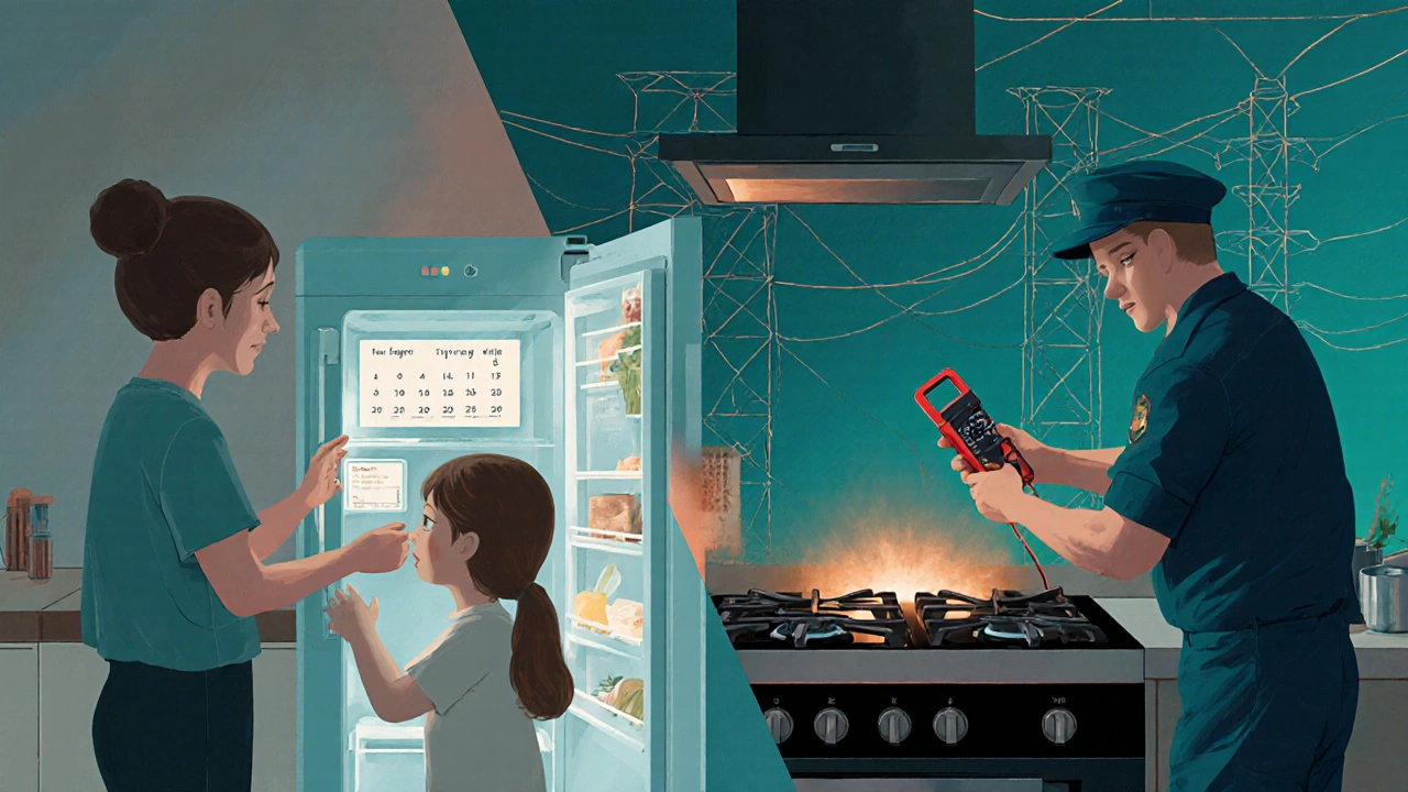 Split scene: smart fridge with touchscreen and technician repairing gas hob, CE label at center