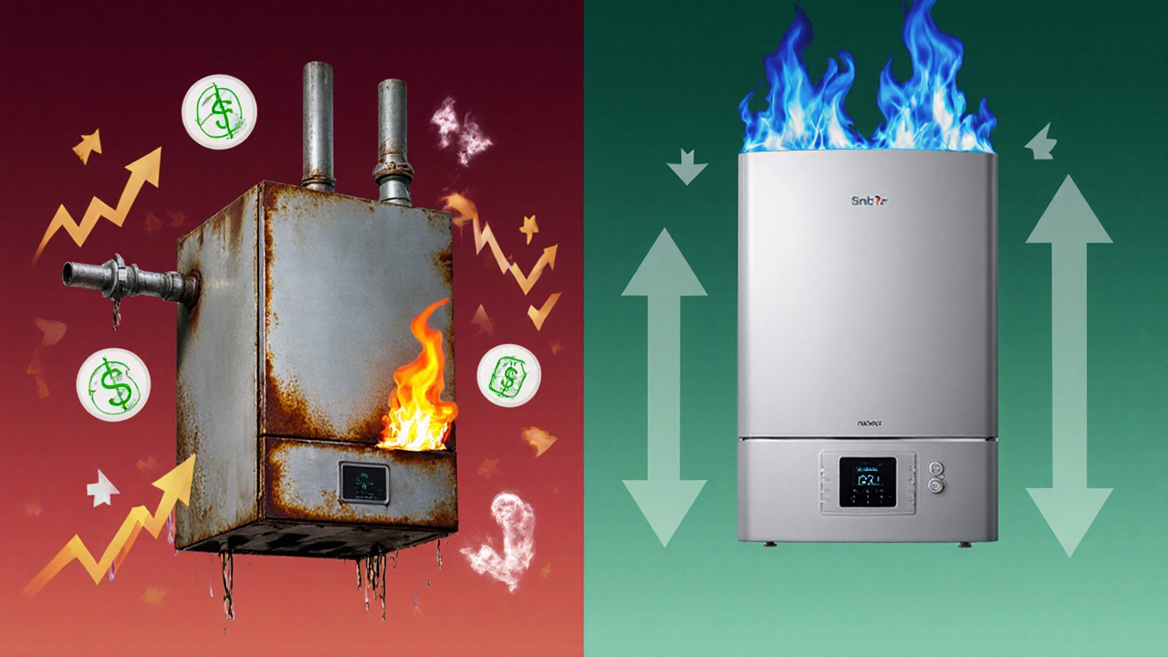 Split-screen illustration comparing old inefficient boiler with new energy-efficient model.