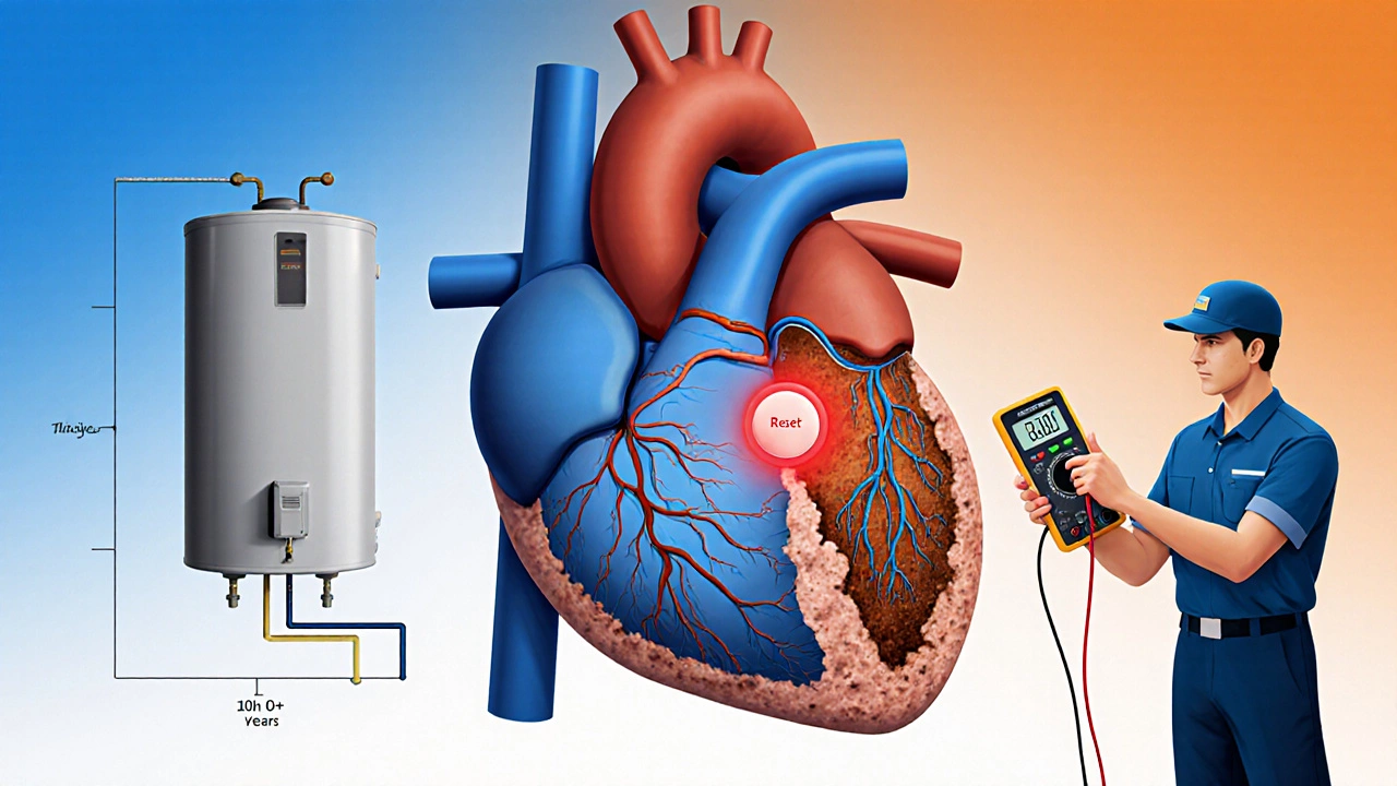 Water heater depicted as a heart with electrical and mineral damage, being inspected by a technician.