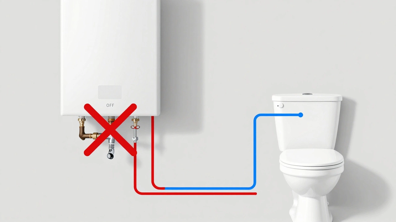A diagram-like illustration showing a boiler system and toilet water line separated, with only the boiler marked as shut off.