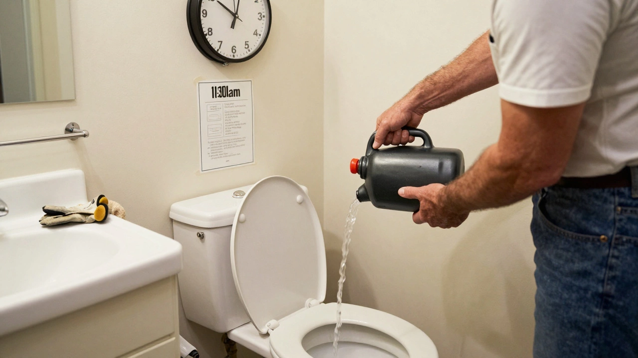 A person manually flushing a toilet by pouring water from a jug, with tools and a clock visible in the bathroom.