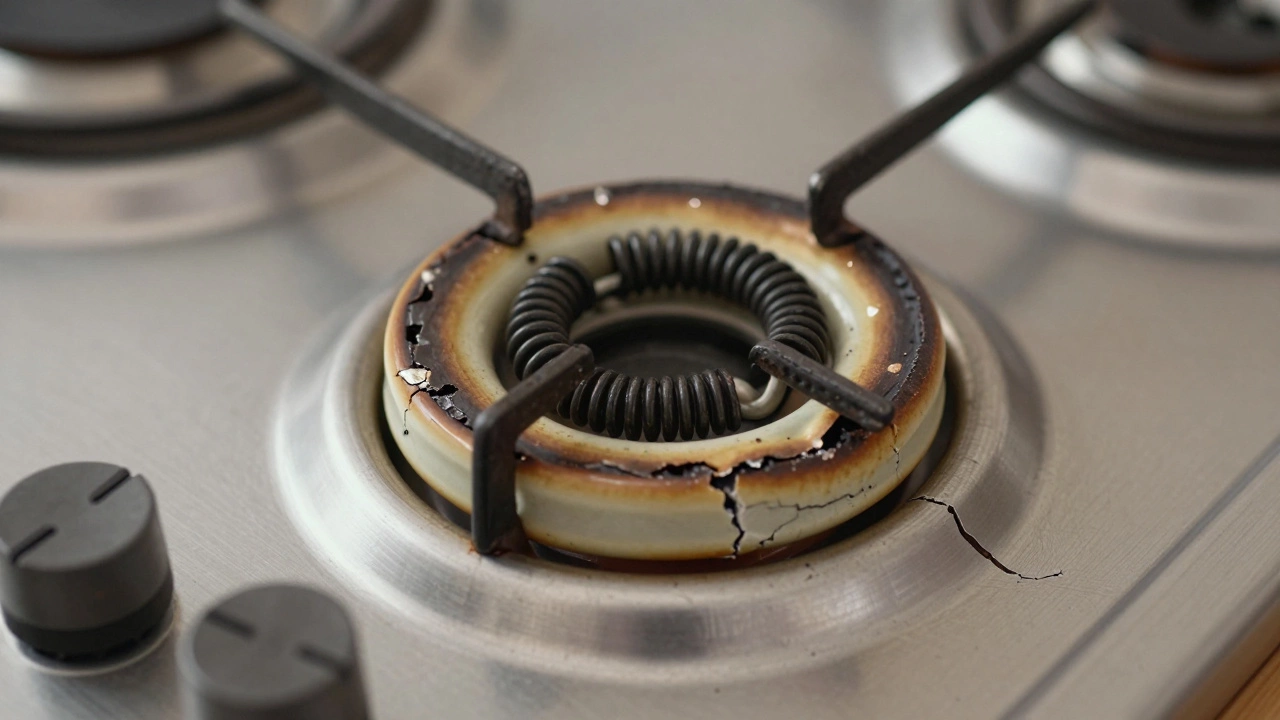 Burnt electric hob element with charred ceramic and damaged metal coils.