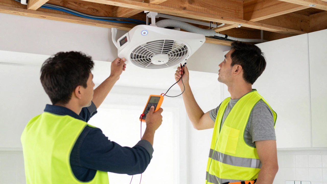 Electrician testing extractor fan wiring with multimeter in a well-lit kitchen.