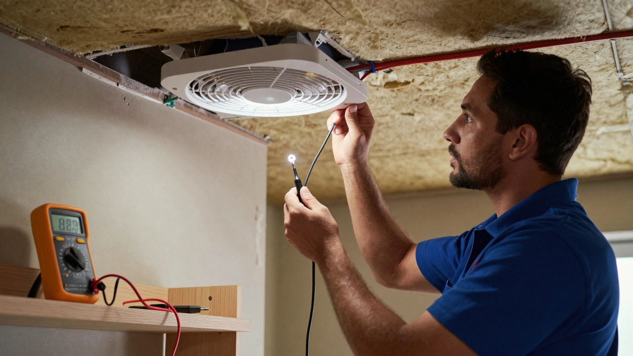 Electrician wiring an extractor fan with a fused spur in a ceiling cavity.