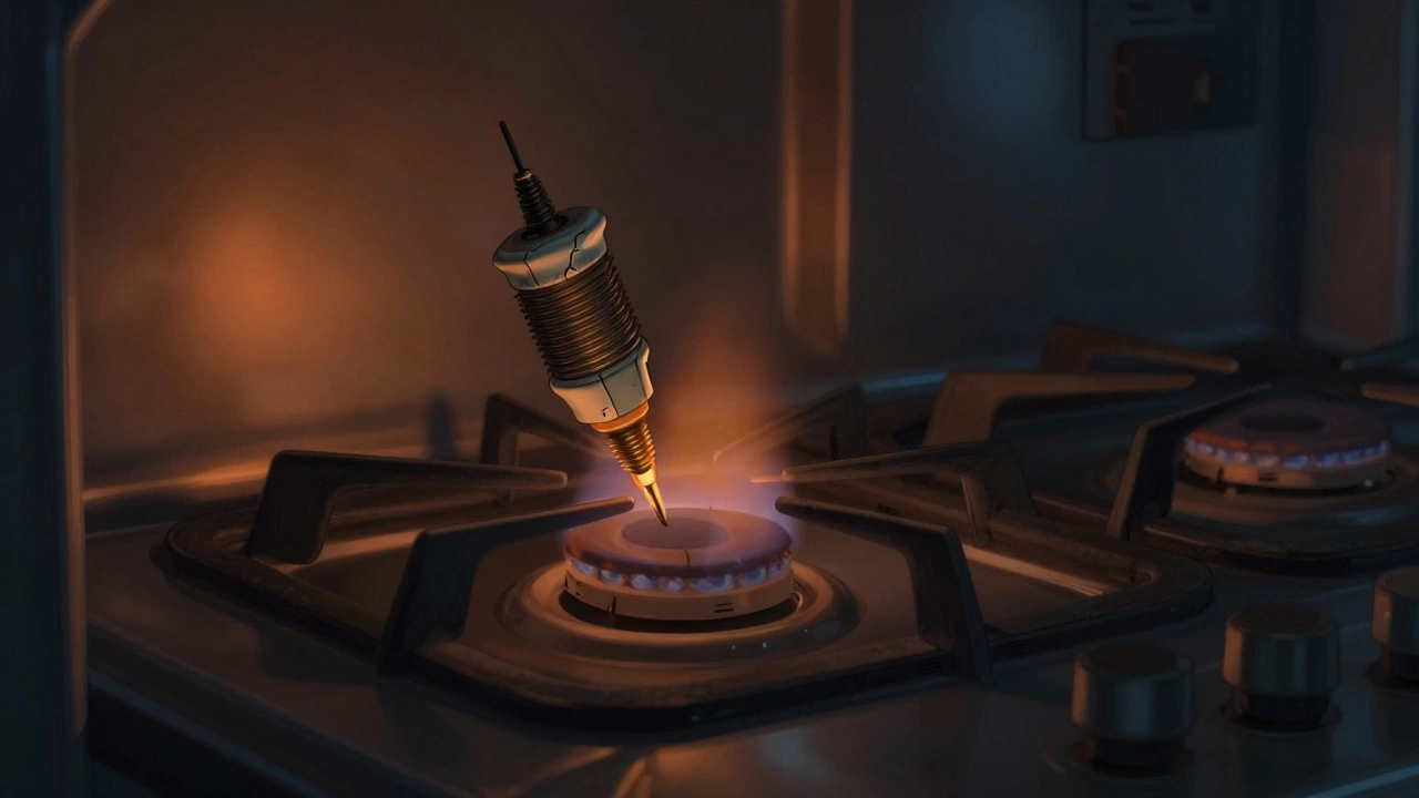 Faintly glowing gas oven igniter struggling to ignite a flame in dim light.