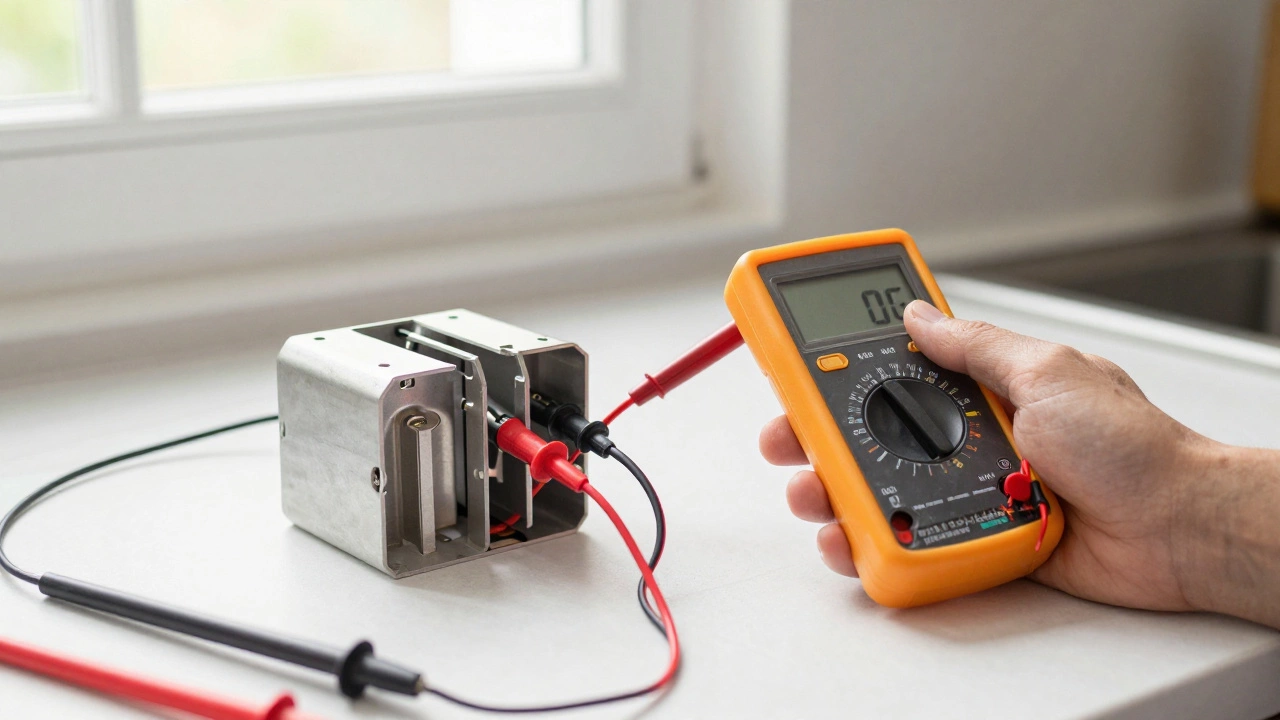 Hand using multimeter to test a detached stove element, display showing 'OL' reading.