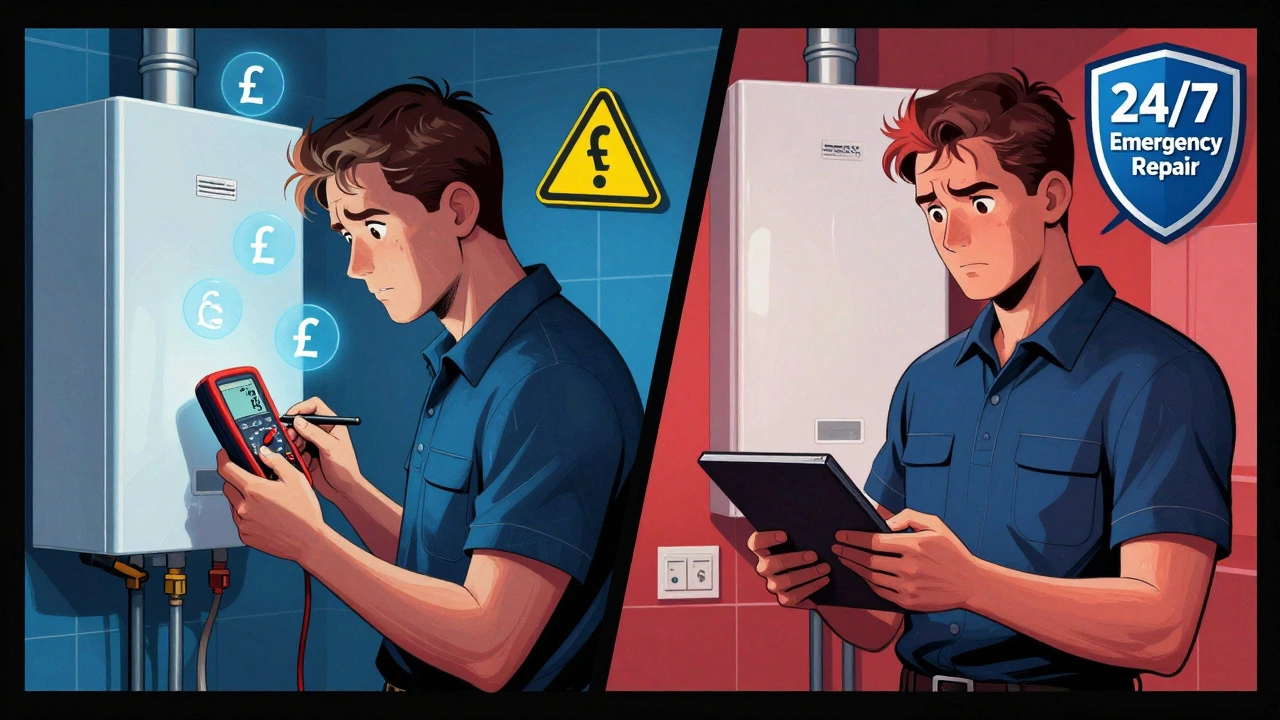 Homeowner comparing financial risks of boiler neglect versus affordable cover plan.