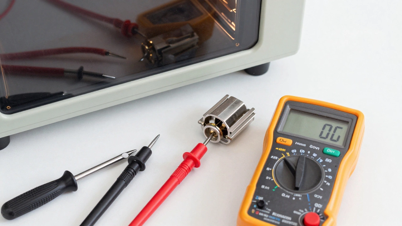 Multimeter showing &#039;OL&#039; reading while testing terminals of a removed oven element.