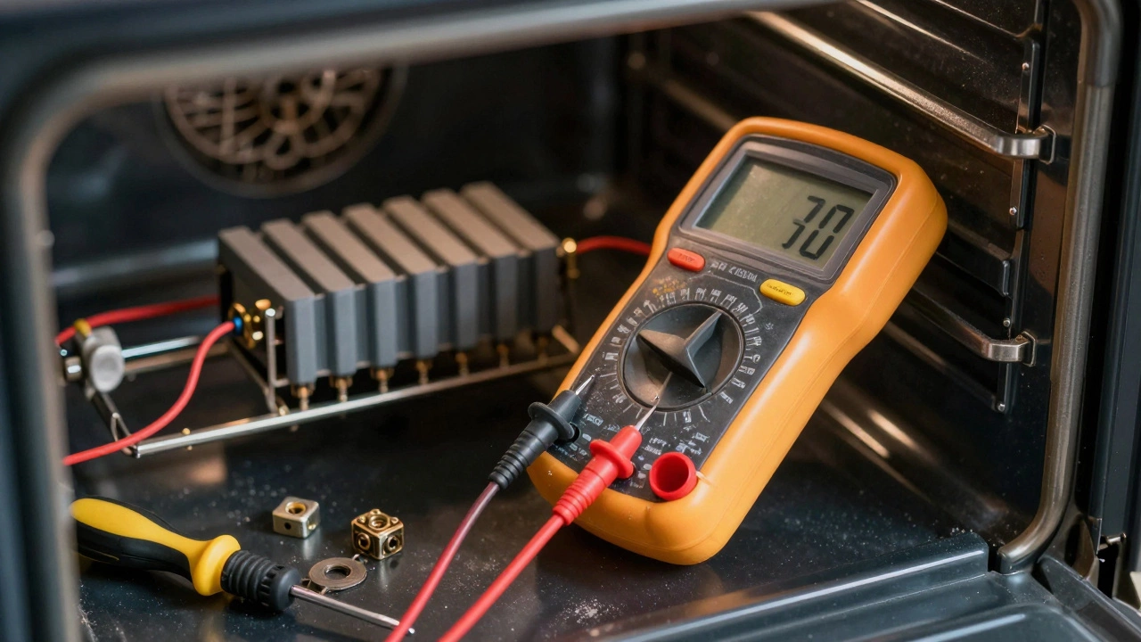 Multimeter showing zero reading while testing a thermal fuse in an oven.