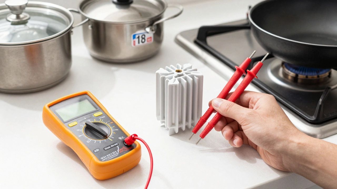 Multimeter testing a replacement hob element with clean cookware nearby.