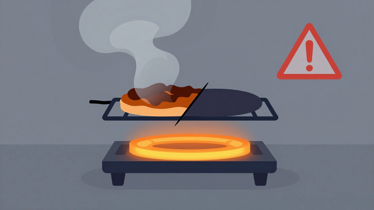 Oven with one working heating element and one broken, showing uneven cooking results.