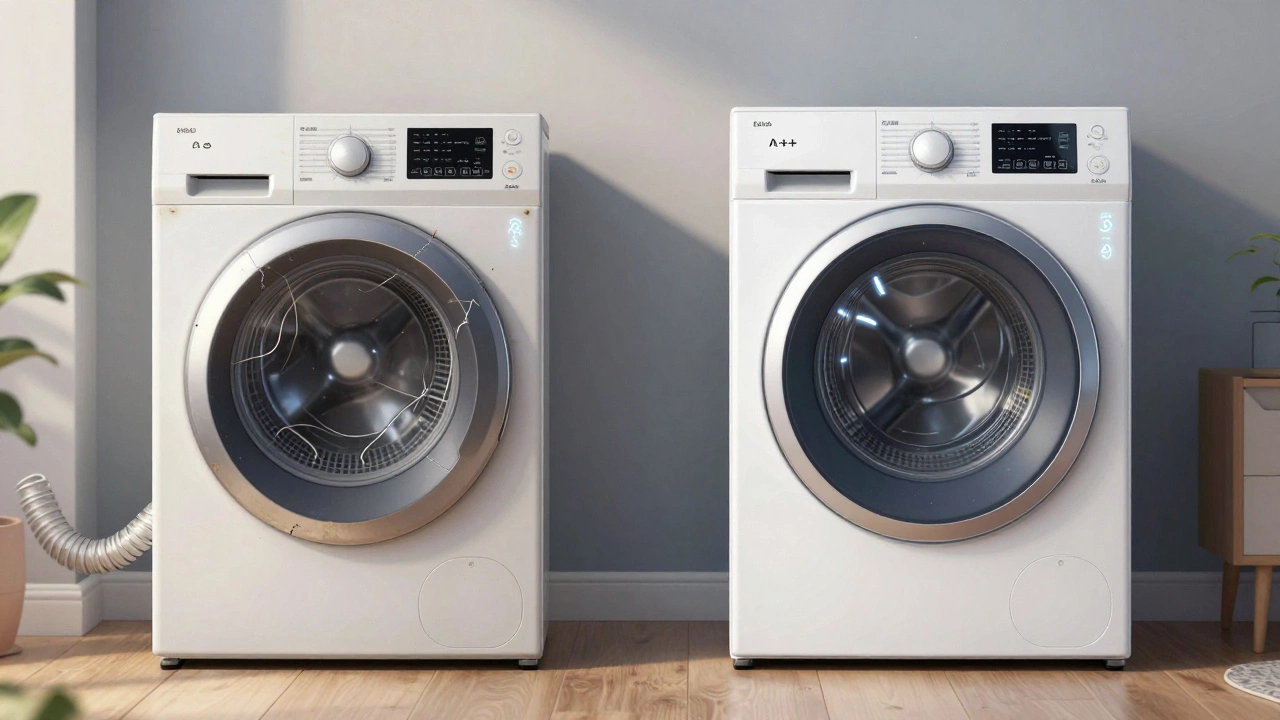 Side-by-side of worn budget dryer and new energy-efficient heat pump dryer in a domestic setting.