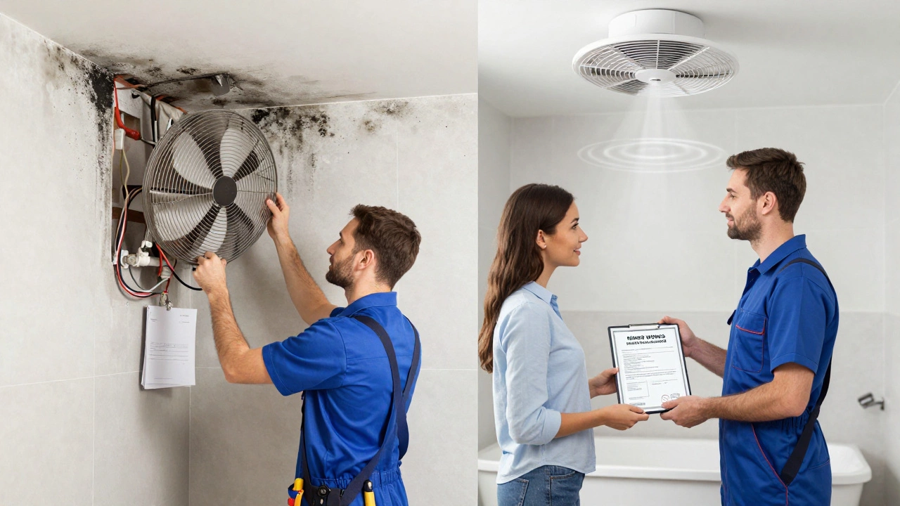 Split image: mouldy bathroom vs clean compliant installation with certification document.