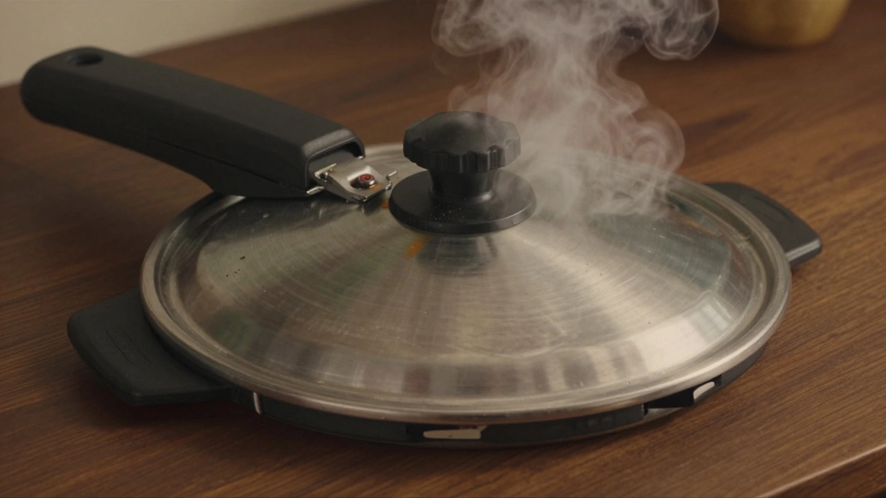 Steam leaking from a pressure cooker lid due to warped rim and misaligned lock