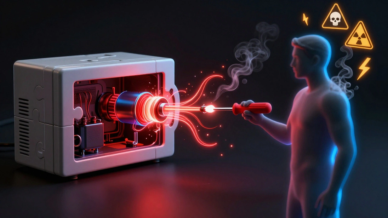 Symbolic image of a person being consumed by microwave energy while attempting a dangerous repair.