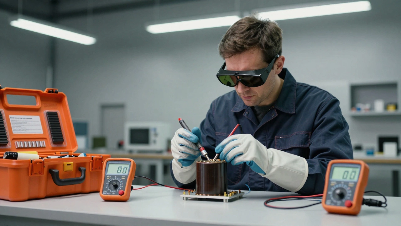 Technician safely discharging a microwave capacitor using professional tools in a workshop.