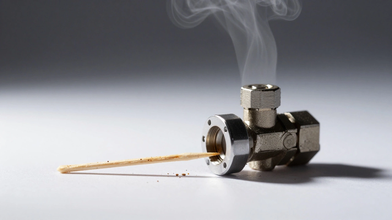 Toothpick cleaning food debris from a pressure cooker valve with rising steam