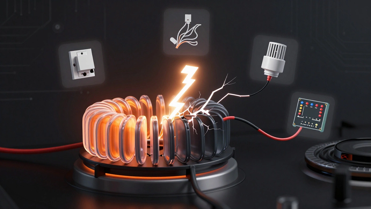 Transparent stove element with internal wiring breaking apart, symbolic failure icons floating around.