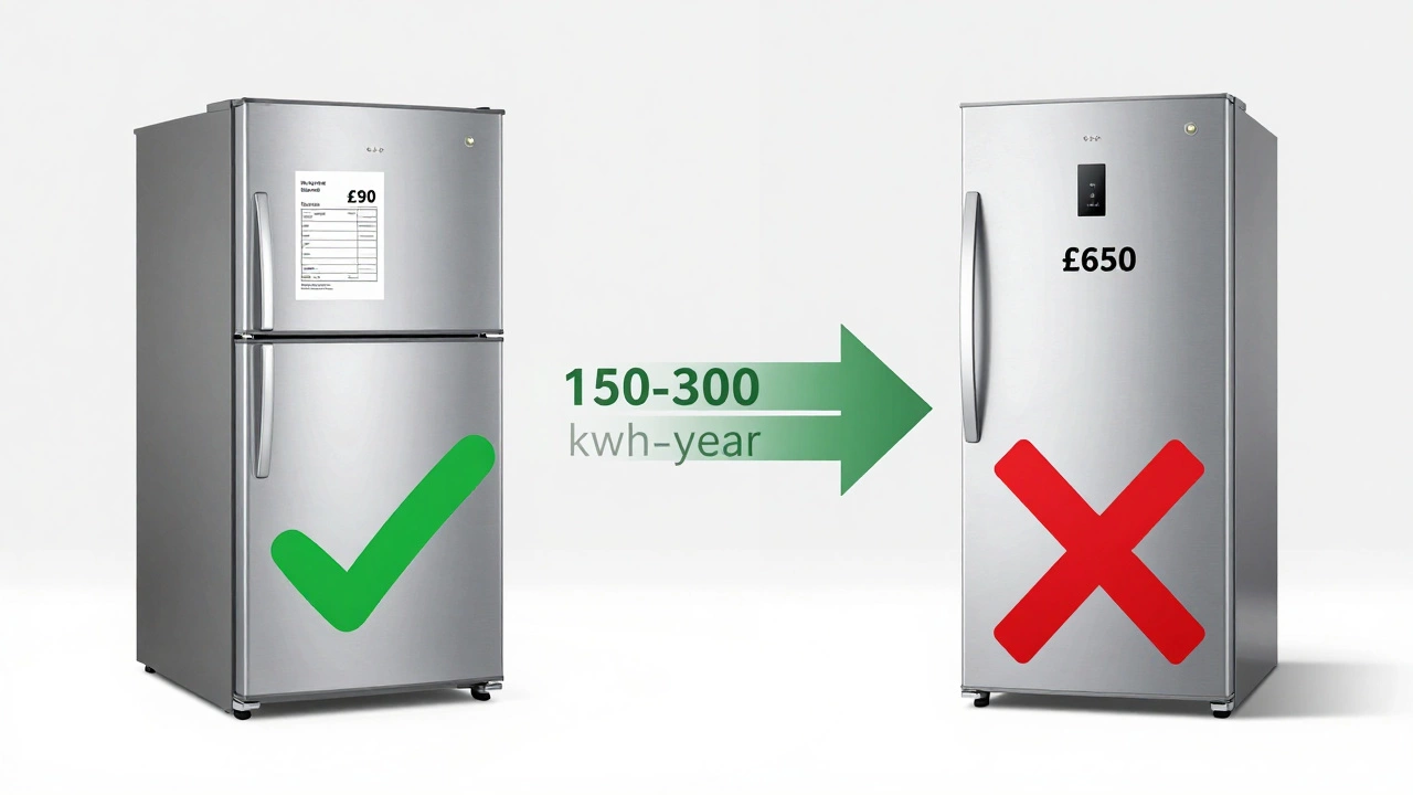 A conceptual side-by-side of an old repaired fridge versus a new one, with energy savings arrows highlighting cost difference.