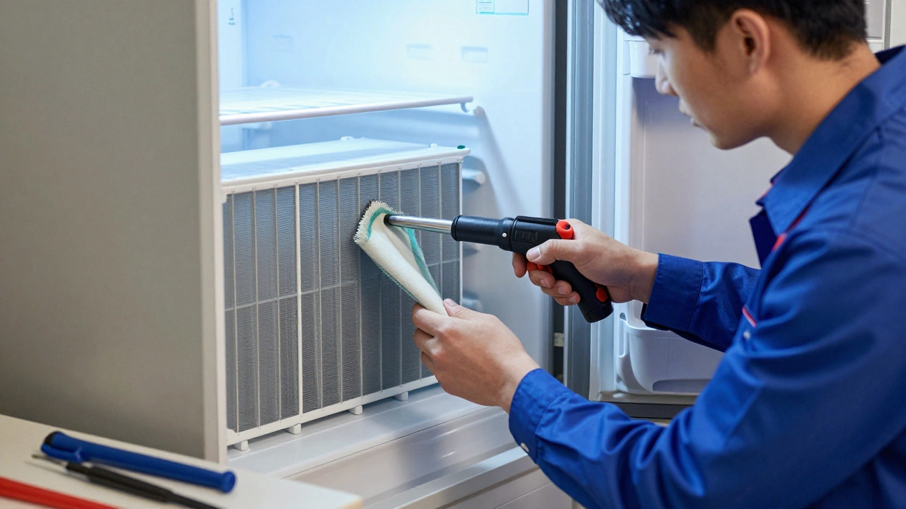 A technician cleaning the condenser coils of a fridge freezer with a vacuum tool, tools nearby on a counter.