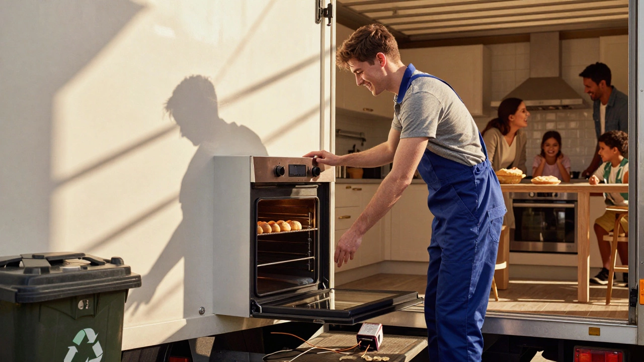 An elderly oven being recycled as a family smiles beside a new oven baking bread, symbolizing sustainable replacement.