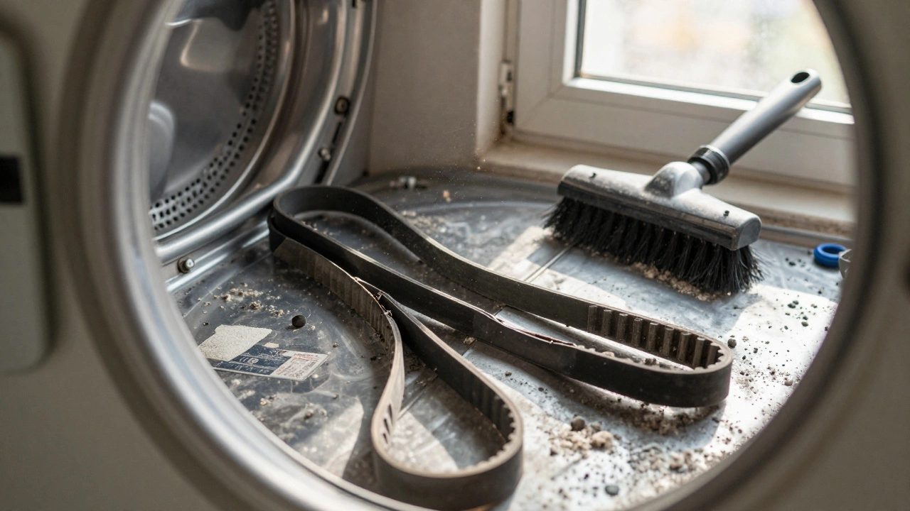Broken dryer belt on drum with cleaning brush and vacuum nearby.