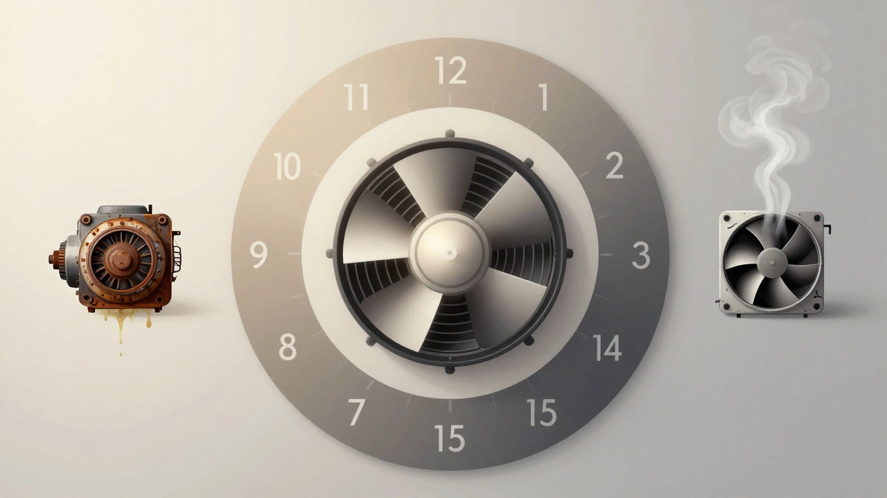 Clock face illustration showing extractor fan lifespan from clean to degraded over 15 years.