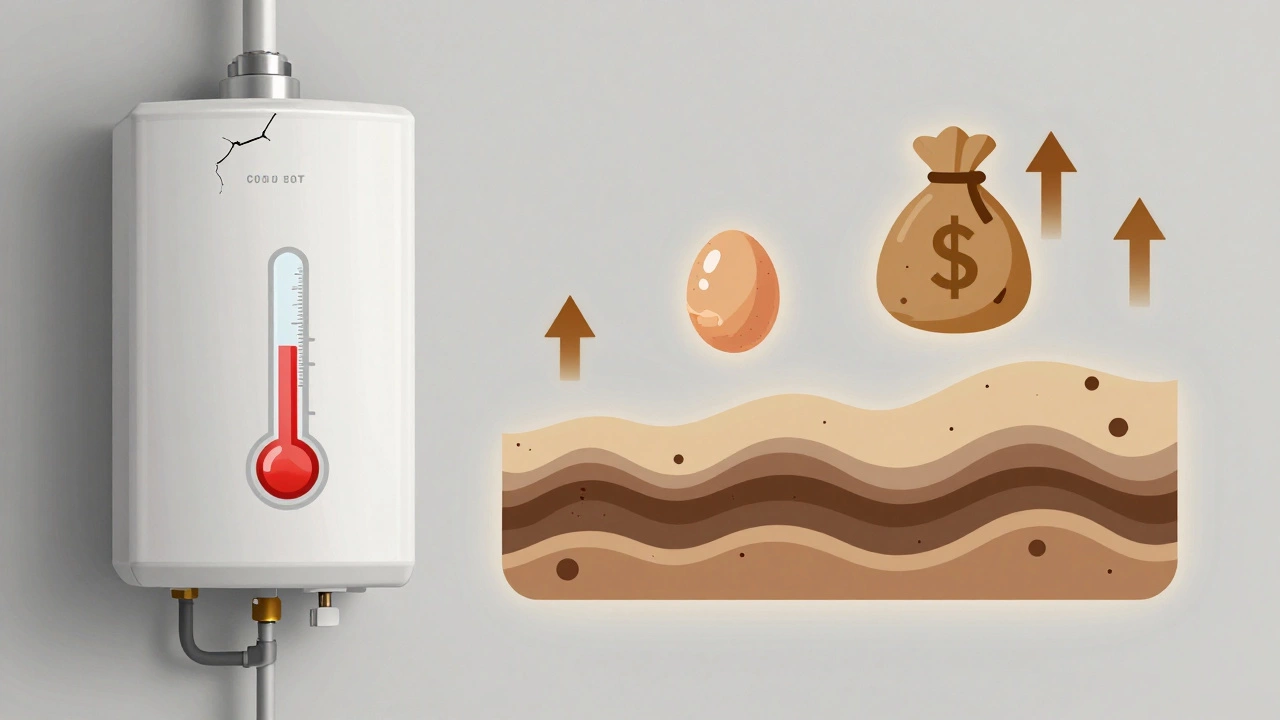 Conceptual image of a failing water heater with symbols of inefficiency.