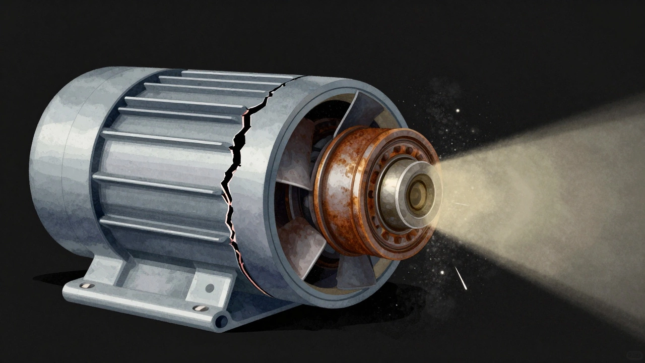 Cross-section of a fan motor showing a failed capacitor and rusted bearings.