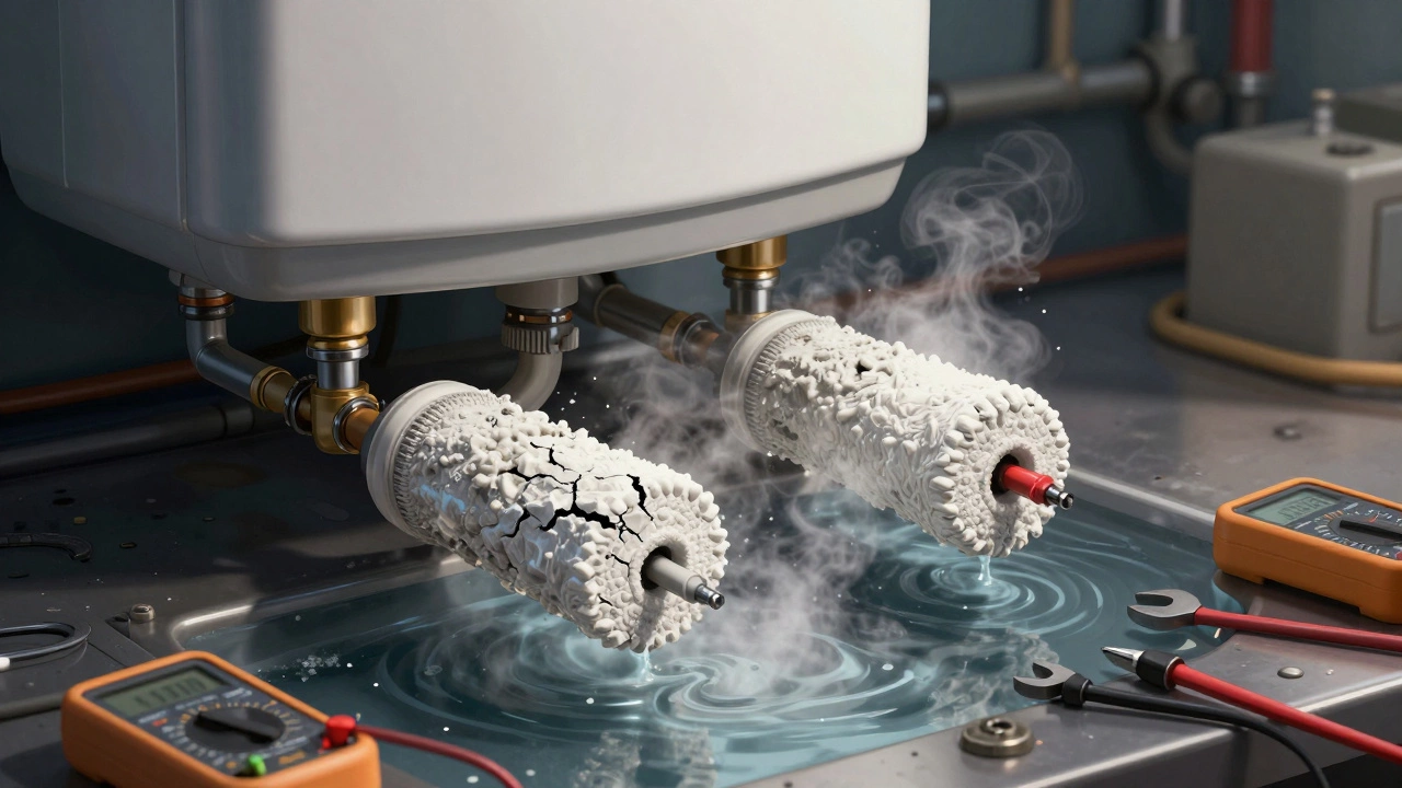 Electric water heater heating elements coated in mineral scale with sediment in water.