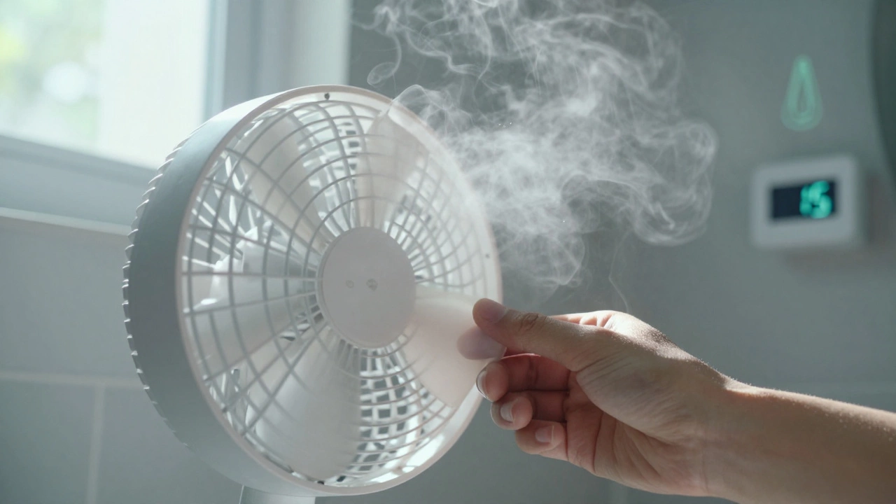 Hand turning fan blades as steam clears, symbolizing proper ventilation.