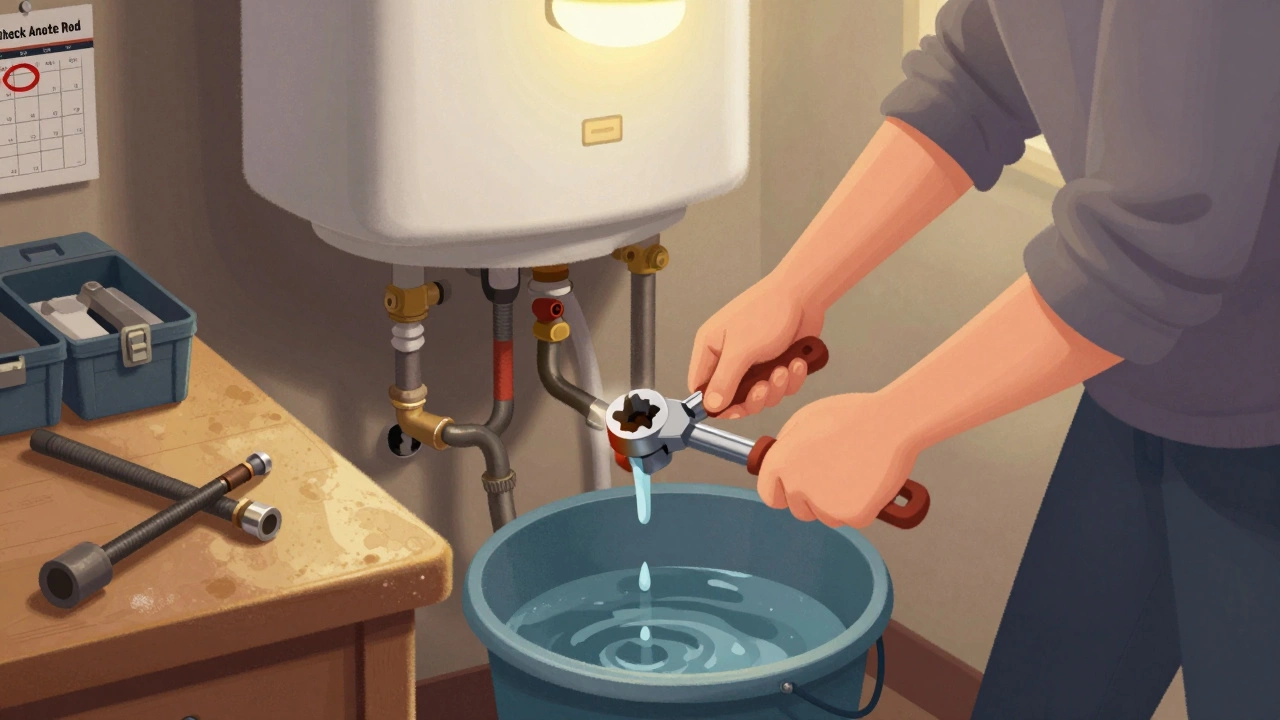 Homeowner replacing an anode rod on a water heater using a wrench in a utility room.