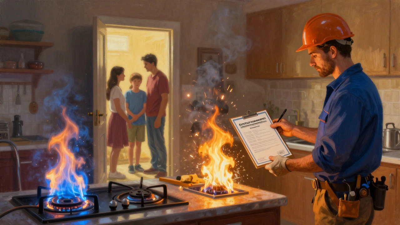 House fire erupting from kitchen hob as electrician gives safety certificate to family outside, symbolic contrast of danger and protection.
