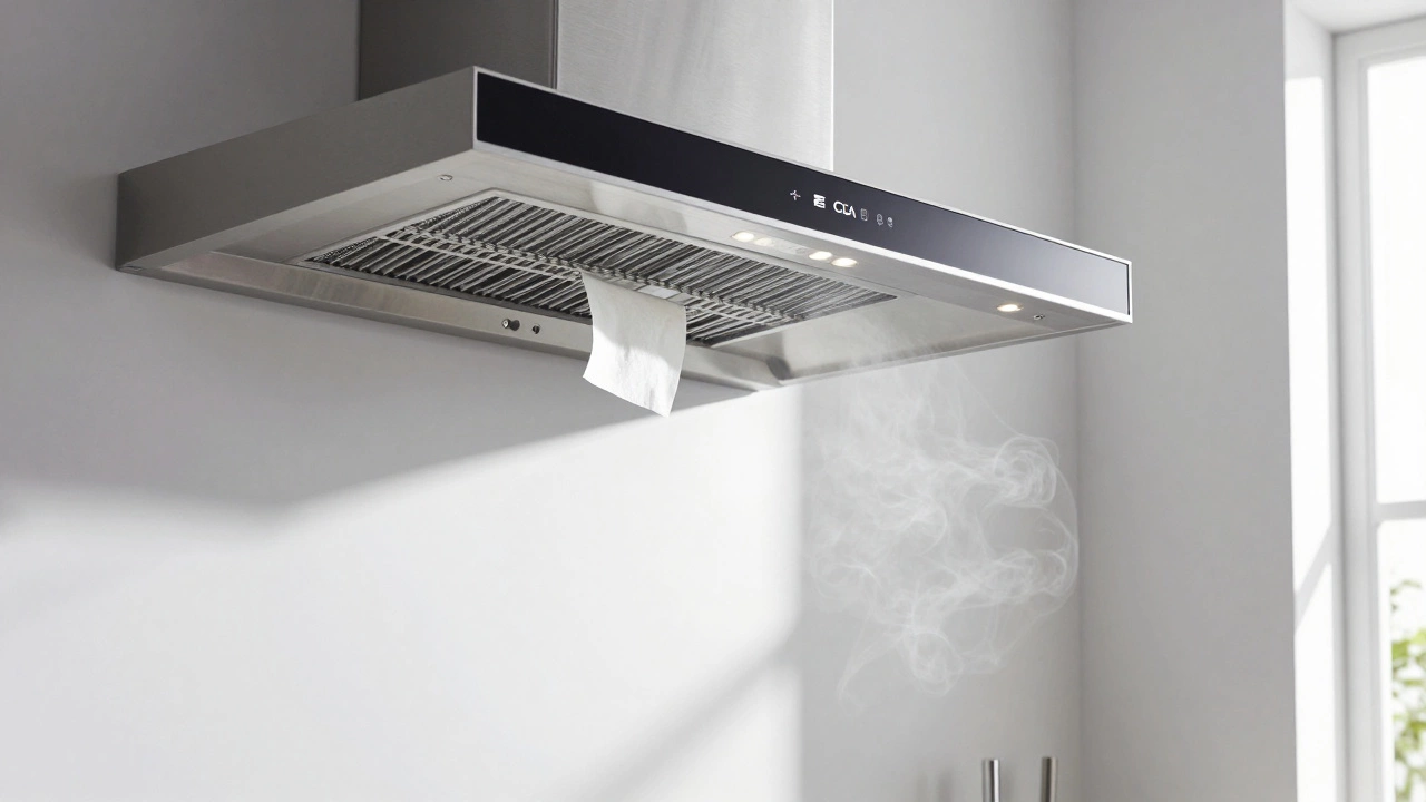 Modern extractor hood lifting a tissue with clean airflow in a bright UK kitchen.