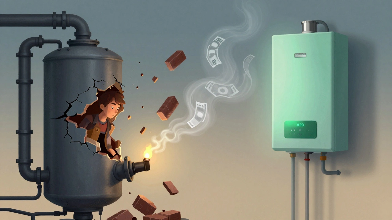 Old boiler breaking apart as a new efficient one emerges in the background.