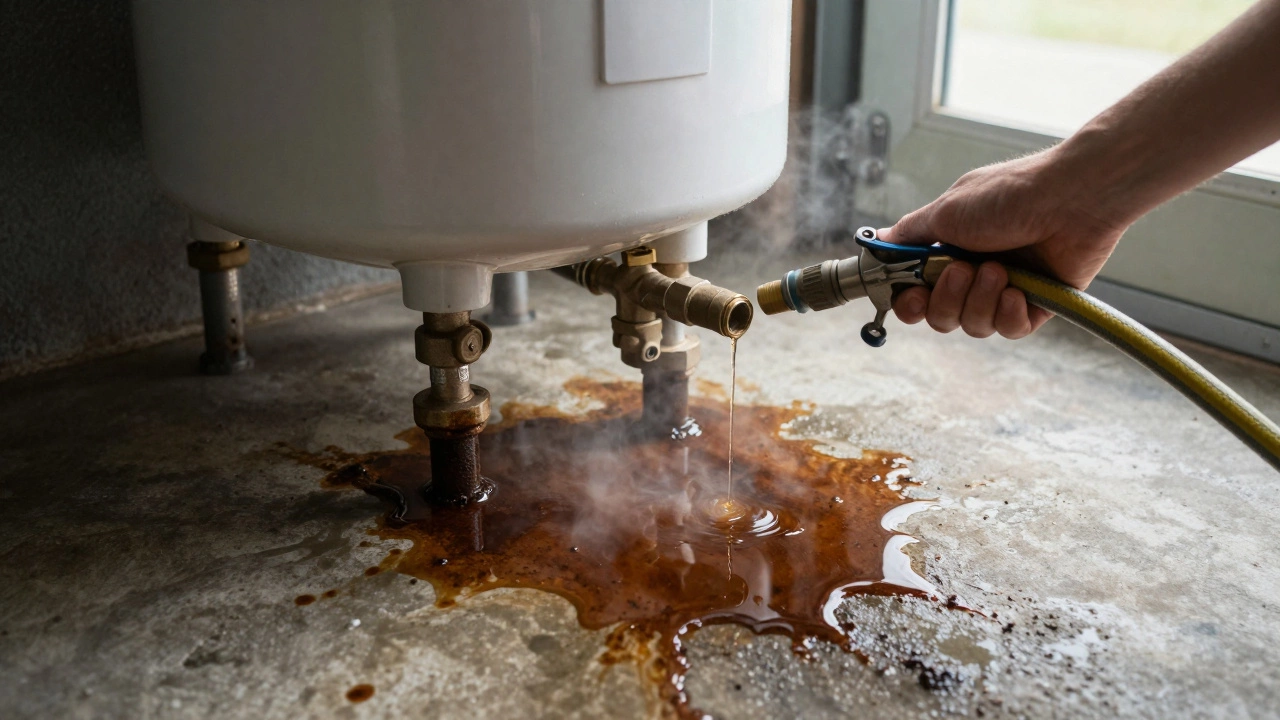 Rusty water leaking from a water heater tank onto a concrete floor.