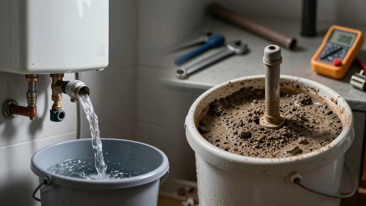 Side-by-side comparison of a clean water heater versus one filled with sediment buildup.