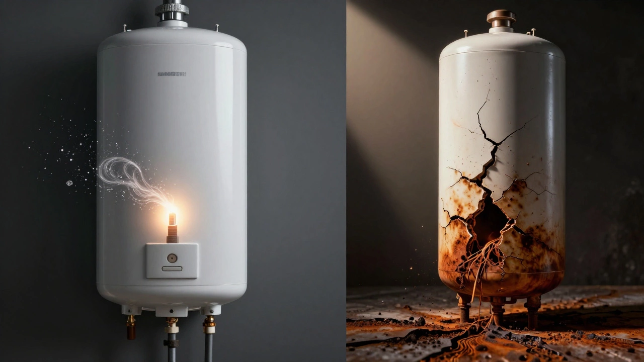 Split image: protected water heater vs leaking tank, symbolizing the effect of anode rod maintenance.