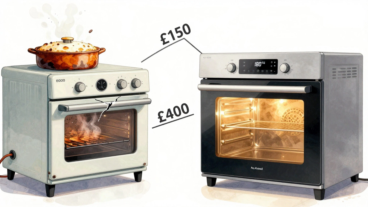 Split-screen illustration comparing an aging oven with cracked wiring to a modern energy-efficient model, with cost comparison scale in between.