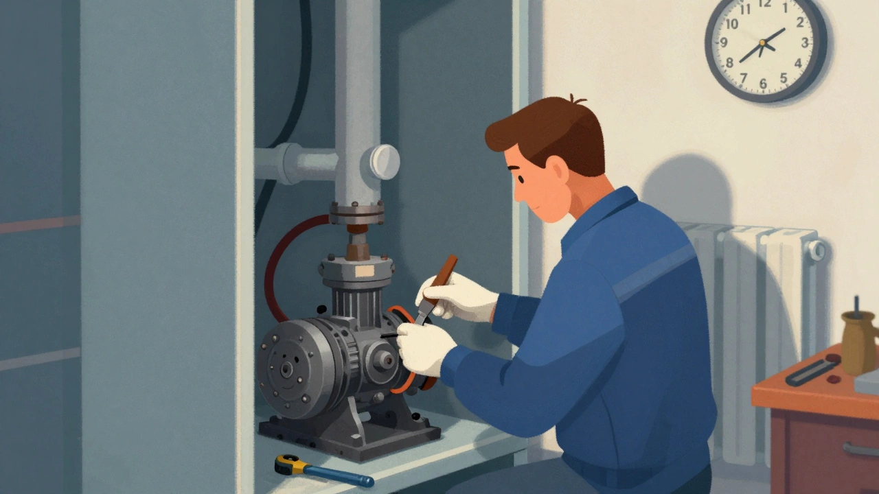 Technician replacing a pump in a tight utility cupboard during a winter repair.