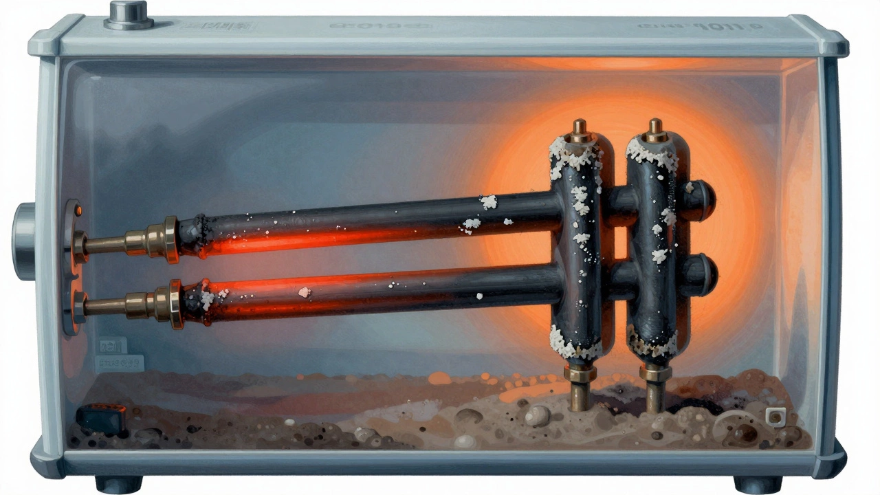 Transparent water heater revealing burnt heating elements coated in white mineral scale.